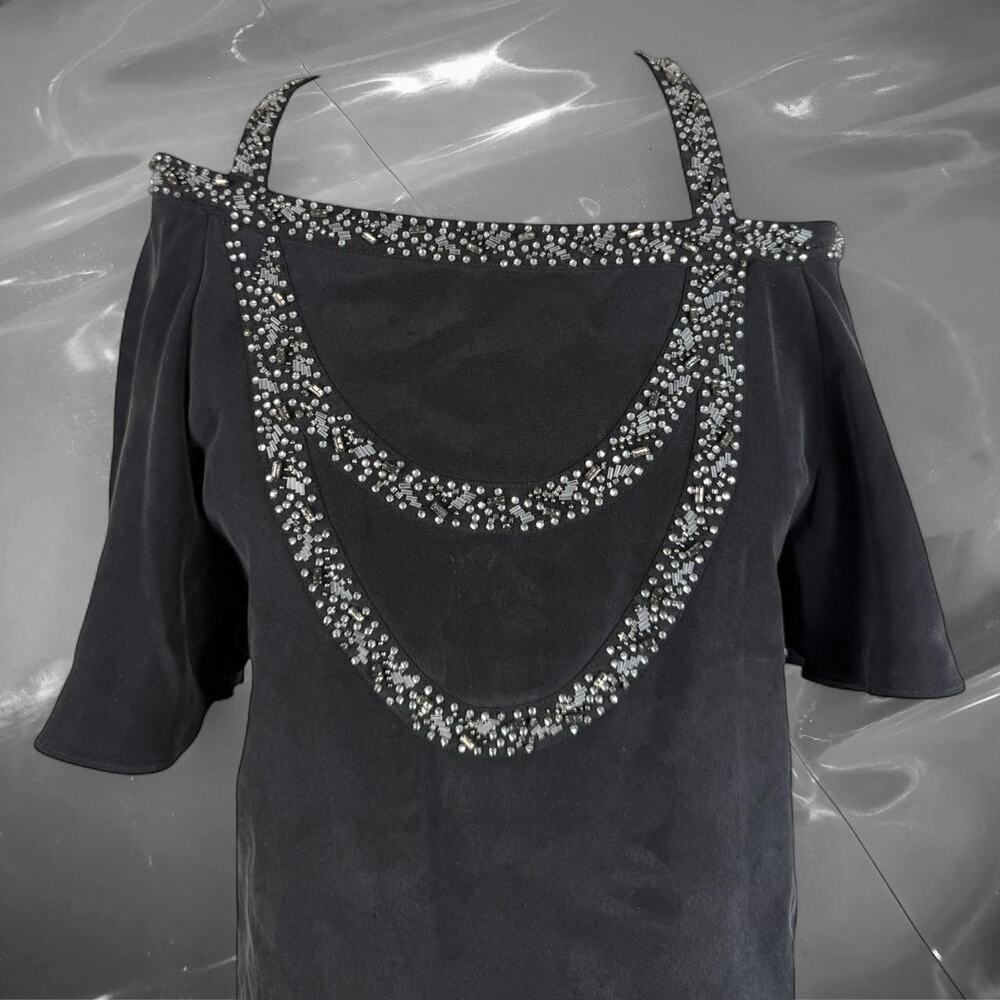 Y2K Beaded Silk Cold Shoulder Dress Black Gray Glam Rock Grunge
